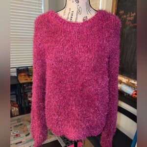Cato Fuzzy Sparkly Scoop Neck Sweater in Magenta Pink
